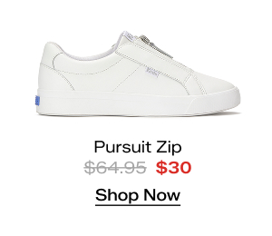 A side view of the Pursuit Leather Zip sneaker in white. The style was $64.95 and is now $30. Shop Now.