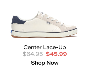 A side view of the Center III Leather/Suede Lace-Up in snow white/navy. The style was $64.95 and is now $45.99 for a limited time. Shop Now.
