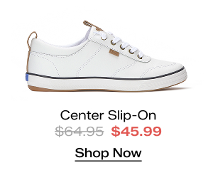 A side view of the Center III Leather Slip-On in white/navy. The style was $64.95 and is now $45.99 for a limited time. Shop Now.