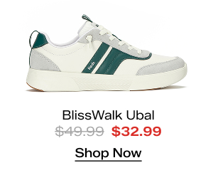 A side view of the BlissWalk Ubal Leather/Suede Slip-On in snow white/light grey/forest green which was $49.99 and is now $32.99 for a limited time. Shop Now.