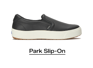 A side view of a Park Leather Slip-On in black. Shop Park Slip-On.