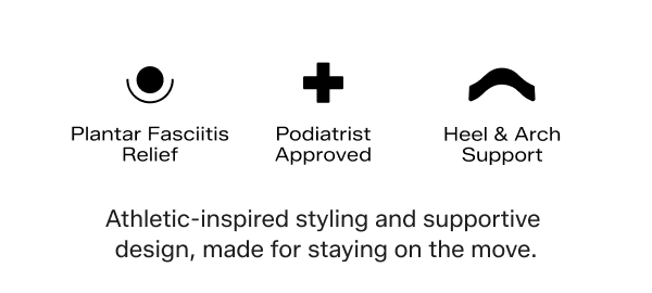 Icons highlight Plantar Fasciitis Relief, Podiatrist Approved, and Heel & Arch Support.  Athletic-inspired styling and supportive design, made for staying on the move.