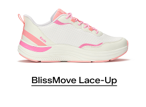 A side view of the BlissMove Mesh/Leather Lace-Up in snow white/neon coral/neon pink. Shop BlissMove Lace-Up.