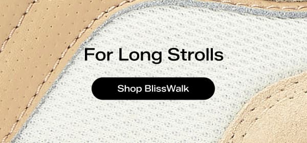 A close-up of our white mesh and Cuban sand leather seen on the BlissMove Ubal. The text says For Long Strolls. Shop BlissWalk. 