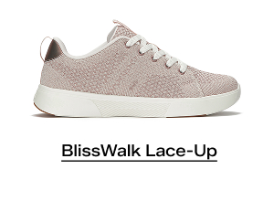 A side view of the BlissWalk Metallic Knit Lace-Up in rose gold. Shop BlissWalk Lace-Up