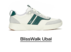 A side view of the BlissWalk Ubal Leather/Suede Slip-On in snow white/light grey/ forest green. Shop BlissWalk Ubal.