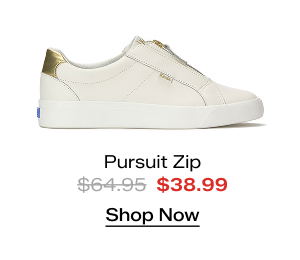 A side view of the Pursuit Zip Leather Metallic Heel in snow white/gold. The style was $64.95 and is on sale for $38.99. Shop Now.