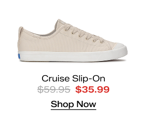 A side view of the Cruise Coated Canvas Slip-On in parchment. The style was $59.95 and is on sale for $35.99. Shop Now.