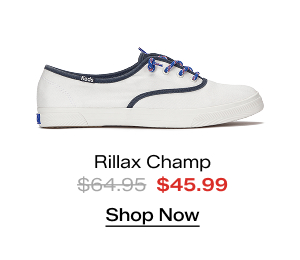 A side view of the Rillax Champ Washed Twill Pop Binding Slip-On in snow white/navy. The style was $64.95 and is now on sale for $45.99. Shop Now.