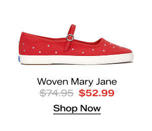A side view of the Square Toe Mary Jane Woven in red. The style was $74.95 and is now on sale for $52.99. Shop Now. 