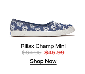 A side view of the Rillax Champ Mini Chambray Floral Embroidery Slip-On in light blue. The style was $64.95 and is now on sale for $45.99. Shop Now.