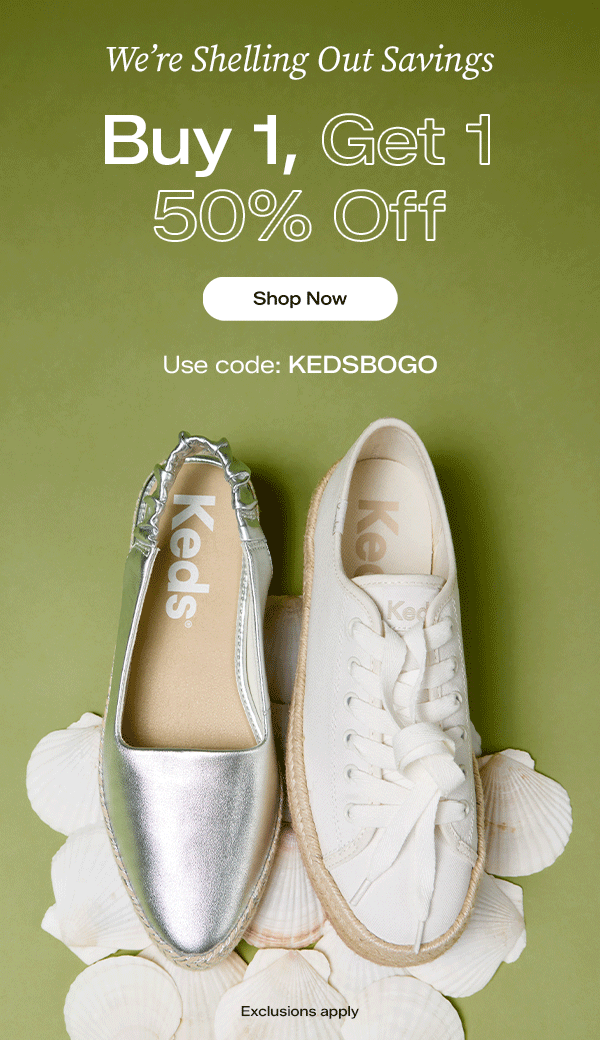 Jute Foxing in silver and a single Triple Up Canvas Jute Foxing Lace-Up in snow white on a bed of white seashells. We’re Shelling Out Savings. Buy 1, Get 1 50% Off. Exclusions apply. Use code: KEDSBOGO Shop Now