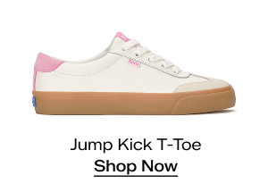 A side view of the Jump Kick T-Toe Leather/Suede Lace-Up in snow white/pink. Shop Now
