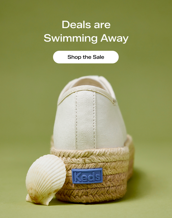 A pistachio green background showcasing the back of the Triple Up Canvas Jute Foxing Lace Up in snow white/neutral with a seashell propped against the jute platform. The text says Deals are Swimming Away. Shop Sale
