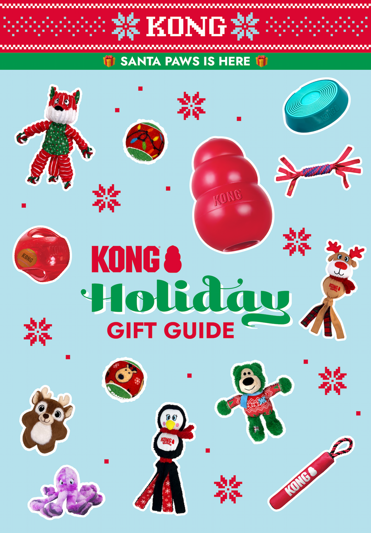 KONG logo "Santa paws is here. KONG Holiday Gift Guide" With images of KONG toys on blue background