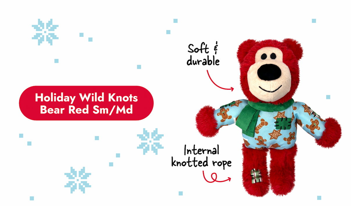 Image of the Holiday Wild Knots Bear Red with arrows pointing to it that say "soft & durable and internal knotted rope"