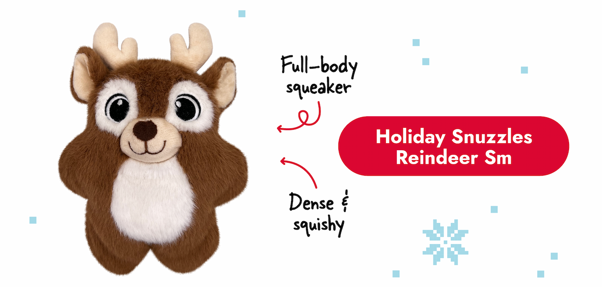 Image of the Holiday Snuzzles Reindeer with arrows pointing to it that say "full-body squeaker and dense & squishy"
