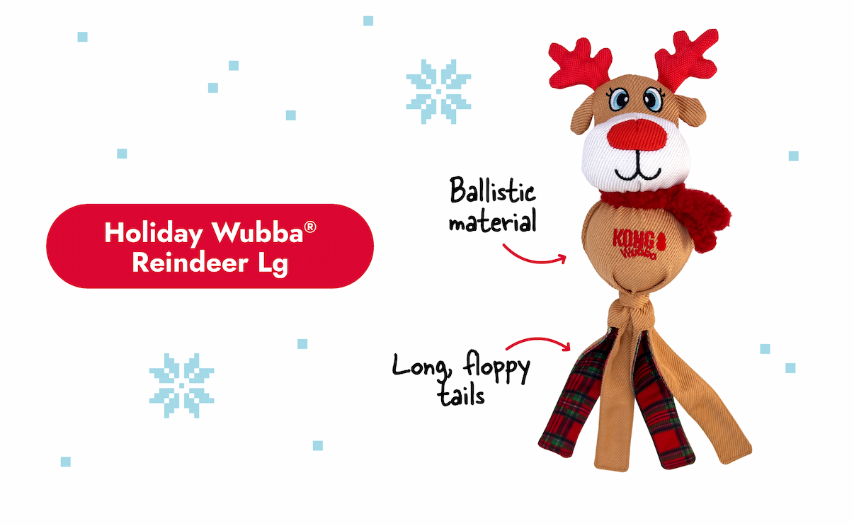 Image of the Holiday Wubba Reindeer with arrows pointing to it that say "ballistic material and long, floppy tails"