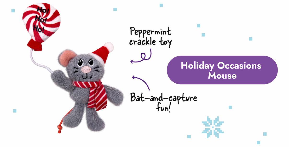 Image of the Holiday Occasions Mouse toy with arrows pointing to it that say "peppermint crackle toy and bat-and-capture fun"