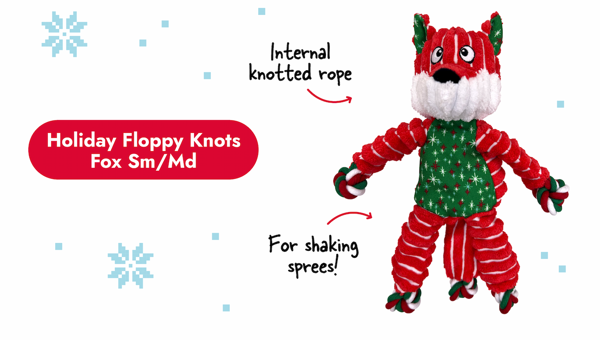 Image of Holiday Floppy Knots Fox with arrows pointing to it that says "internal knotted rope and for shaking sprees!"