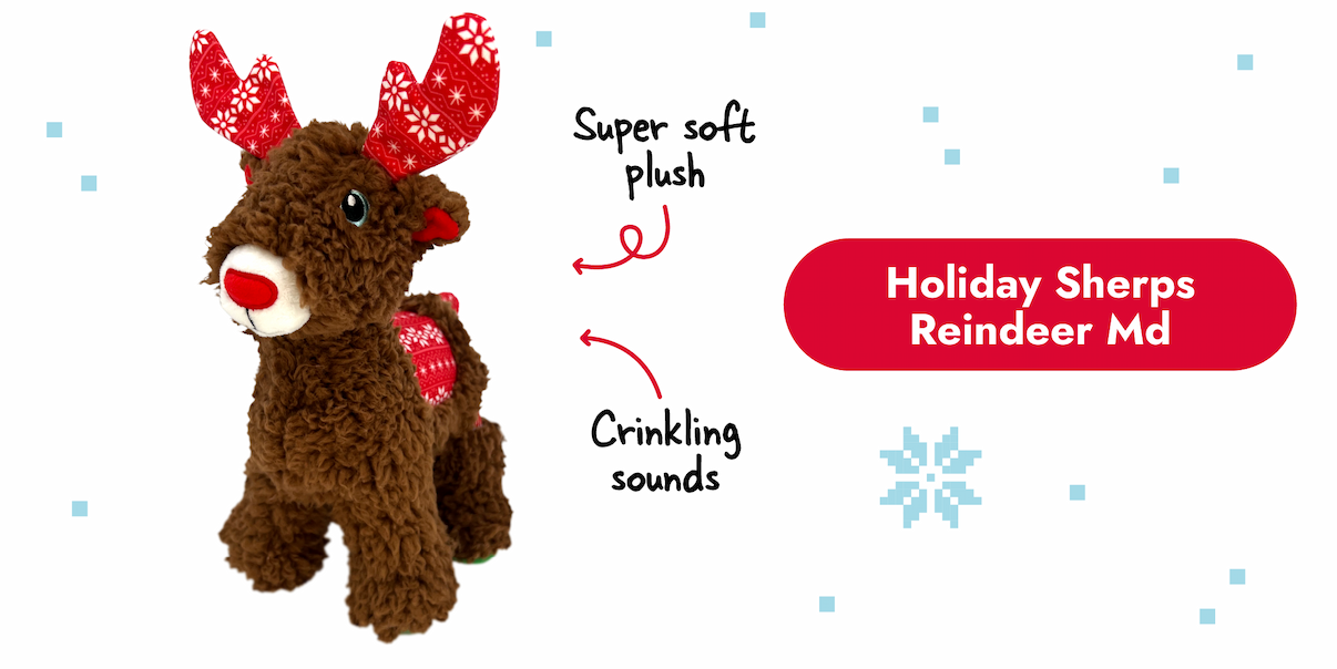 Image of the Holiday Sherps Reindeer with arrows pointing to it that say "super soft plush and crinkling sounds"