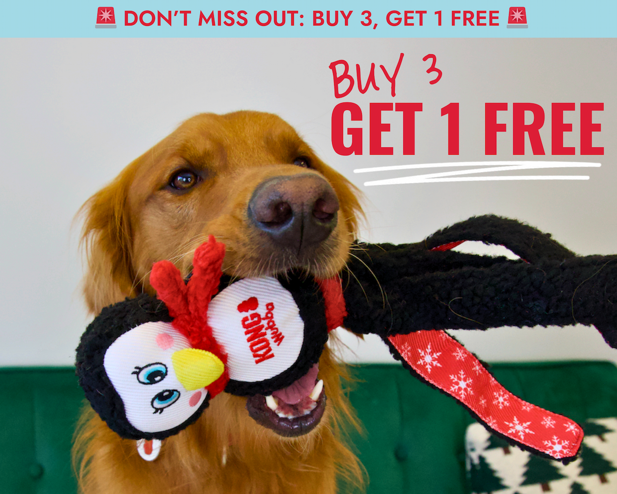 "Don't miss out: Buy 3 Get 1 Free" Image of Golden Retriever with Holiday Wubba 
