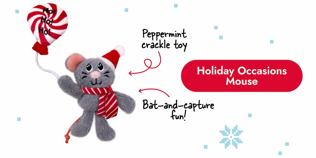 Image of the Holiday Occasions Mouse with arrows pointing to it that say "peppermint crackle toy and bat-and-capture fun!"