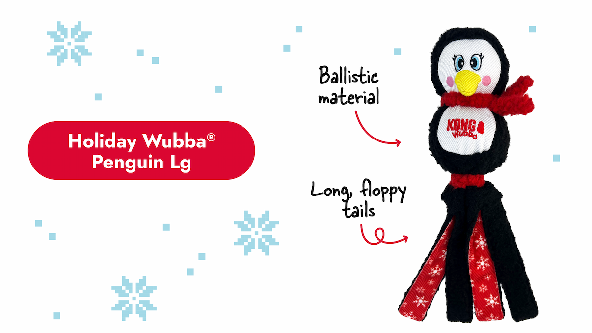 Image of Holiday Wubba Penguin with arrows pointing to it that say "ballistic material and long, floppy tails"