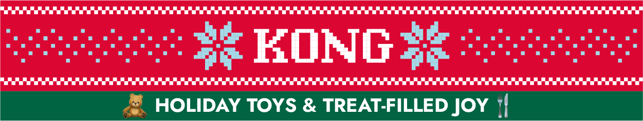KONG logo with "Holiday toys & treat-filled joy"