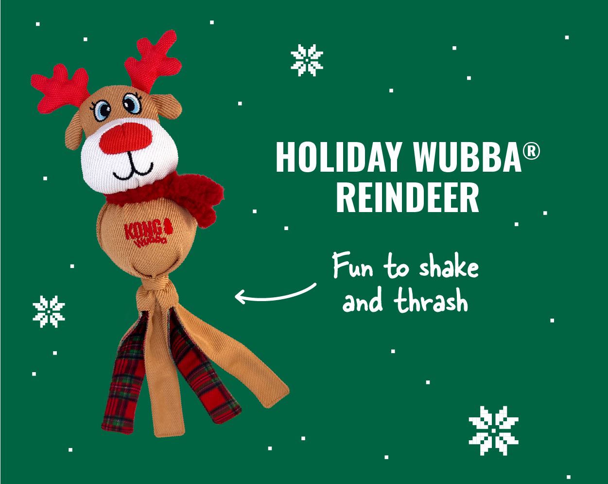 Image of Holiday Wubba Reindeer with arrow pointing to it that says "fun to shake and thrash"