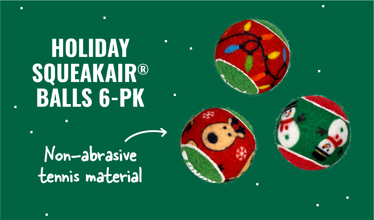Image of Holiday SqueakAir Balls with arrow pointing to it that says "Non-abrasive tennis material"