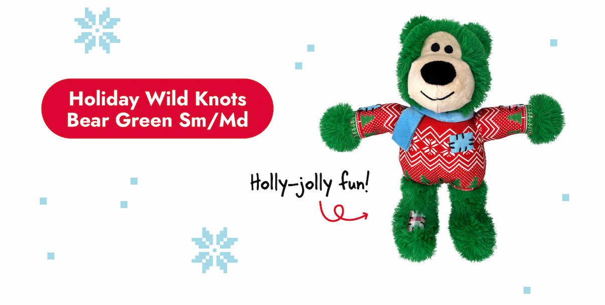 Image of the Holiday Wild Knots Bear Green with arrow pointing to it that says "Holly-jolly fun!"
