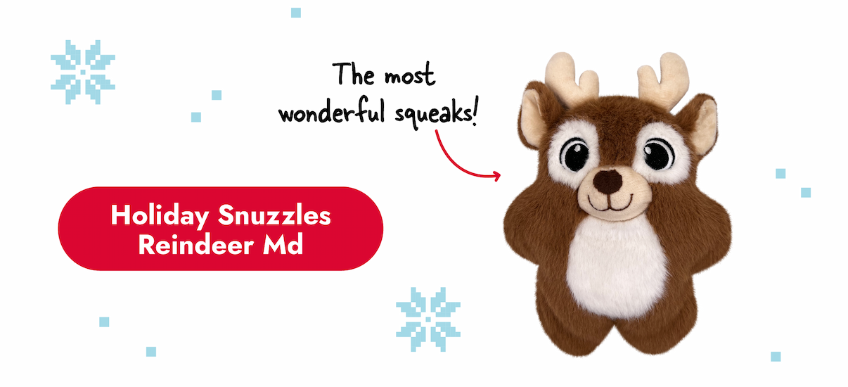 Image of the Holiday Snuzzles Reindeer with an arrow pointing to it that says "The most wonderful squeaks!"
