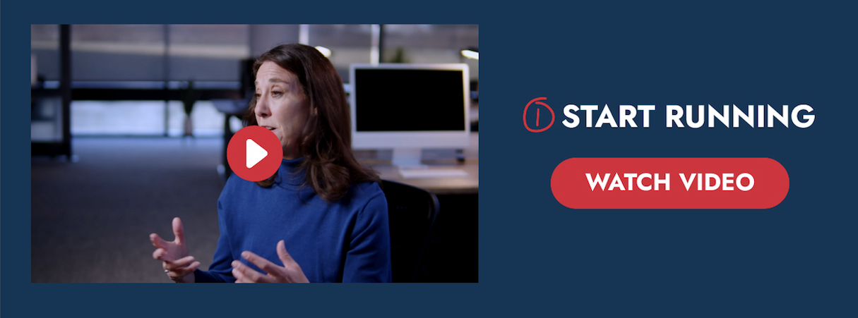 Image of woman taking with play button to watch video. "Start running" with button to watch the video
