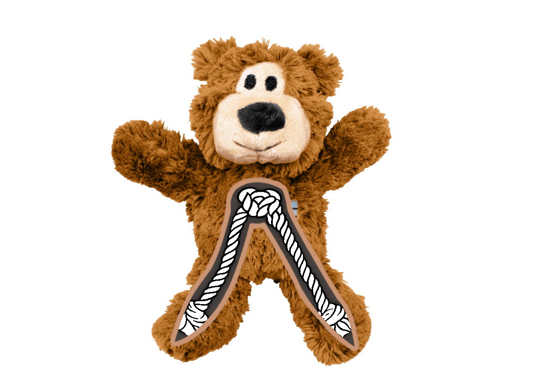 Photo of KONG Wild Knots Bear, pointing to features such as: soft and durable, squeaks, and has an internal knotted rope