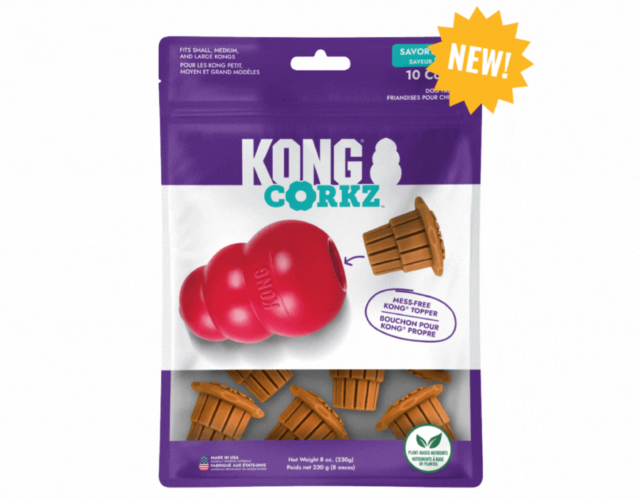 Gif of corkz packaging with arrows pointing to it that say "tasty savory flavor, easily digestible, and convenient and mess-free"