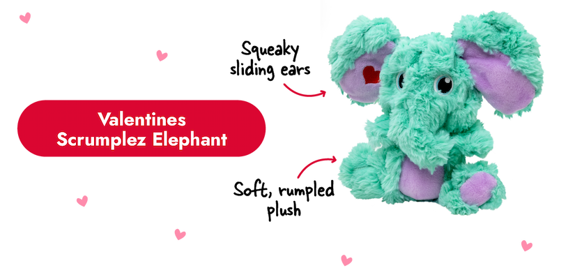 Image of the Valentines Scrumplez Elephant with arrows pointing to it that say "squeaky sliding ears and soft, rumpled plush"
