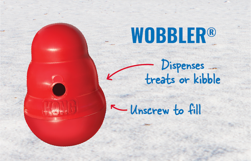 Image of KONG Wobbler with arrows pointing to it that say "dispenses treats or kibble and unscrew to fill"