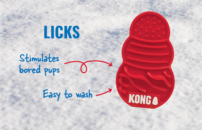Image of KONG Licks with arrows pointing to it that say "stimulates bored pups and easy to wash"