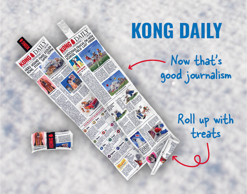 Image of KONG Daily with arrows pointing to it that say "Now that's good journalism and roll up with treats"