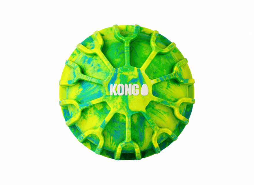 Gif of Flexball Sport football and ball with arrows pointing to it that say "floats!, east-to-grip ridges, and dynamic bounce"