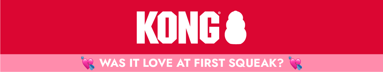 KONG logo with "Was it love at first squeak?"