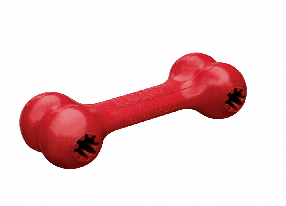 Gif of Blue Puppy Goodie Bone, Classic Goodie Bone, and Extreme Goodie Bone with arrows pointing to it that say " durable natural rubber, gentle on teeth, and Goodie Grippers hold treats"