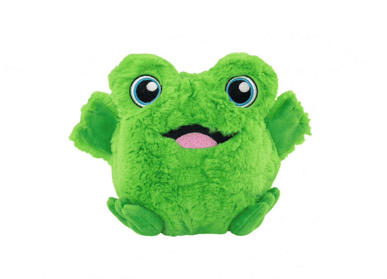 Gif of KONG Ziggles Frog and Chicken with arrows pointing to them that say "Shake for giggling fun!, delightfully squishy, and velvety-soft plush"