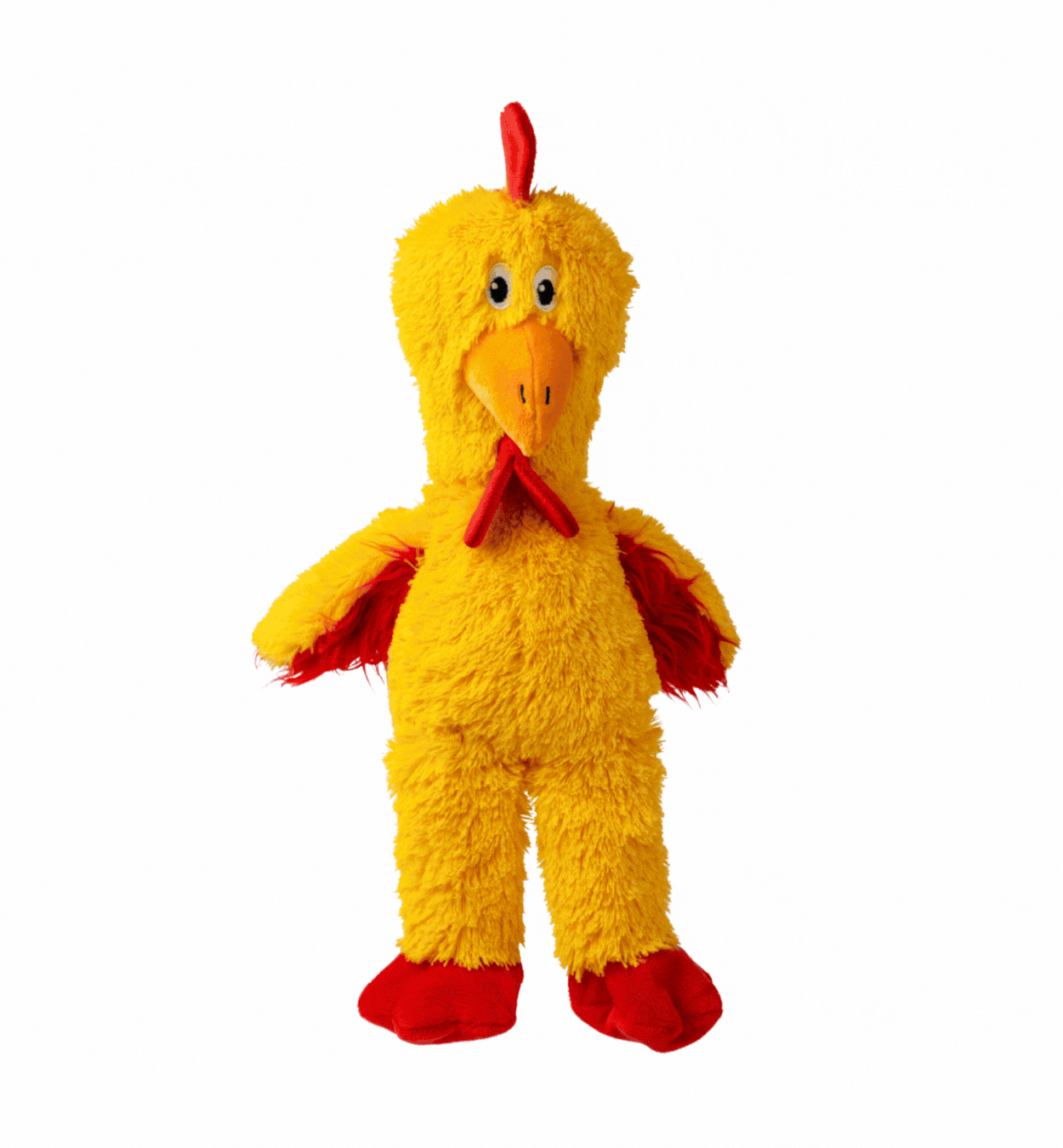 Gif of Knots Chicken with arrows pointing to it that say "soft and durable, squeaks, and internal knotted rope"