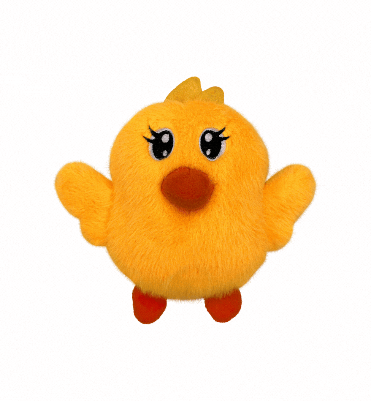 Gift of Spring Snuzzles Kiddos Chick with arrows pointing to it that say "velvety-soft plush, delightfully dense + squishy, and full-body squeaker"