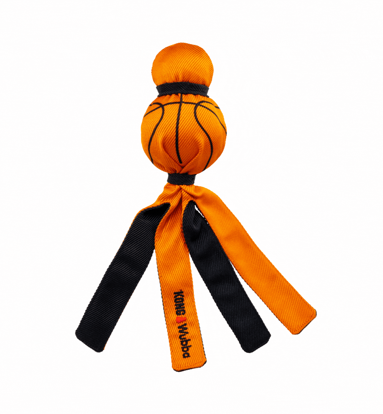 Gif of the Wubba Sport Basketball with arrows pointing to it that say "Squeaks, durable ballistic material, and long, floppy tails"