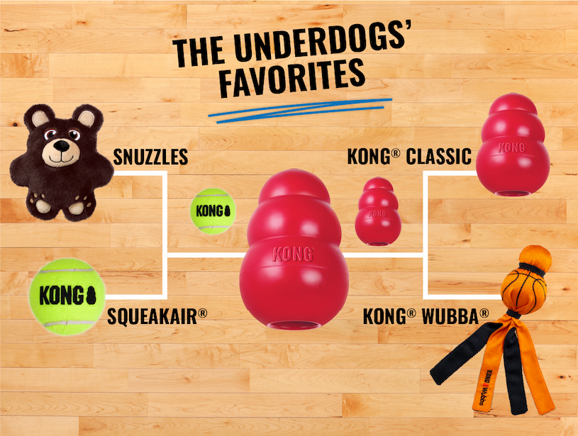 Image of bracket on basketball court with the Snuzzles Bear, SqueakAir Ball, KONG Classic, and the Wubba Sport Basketball, with the KONG Classic as the winner.
