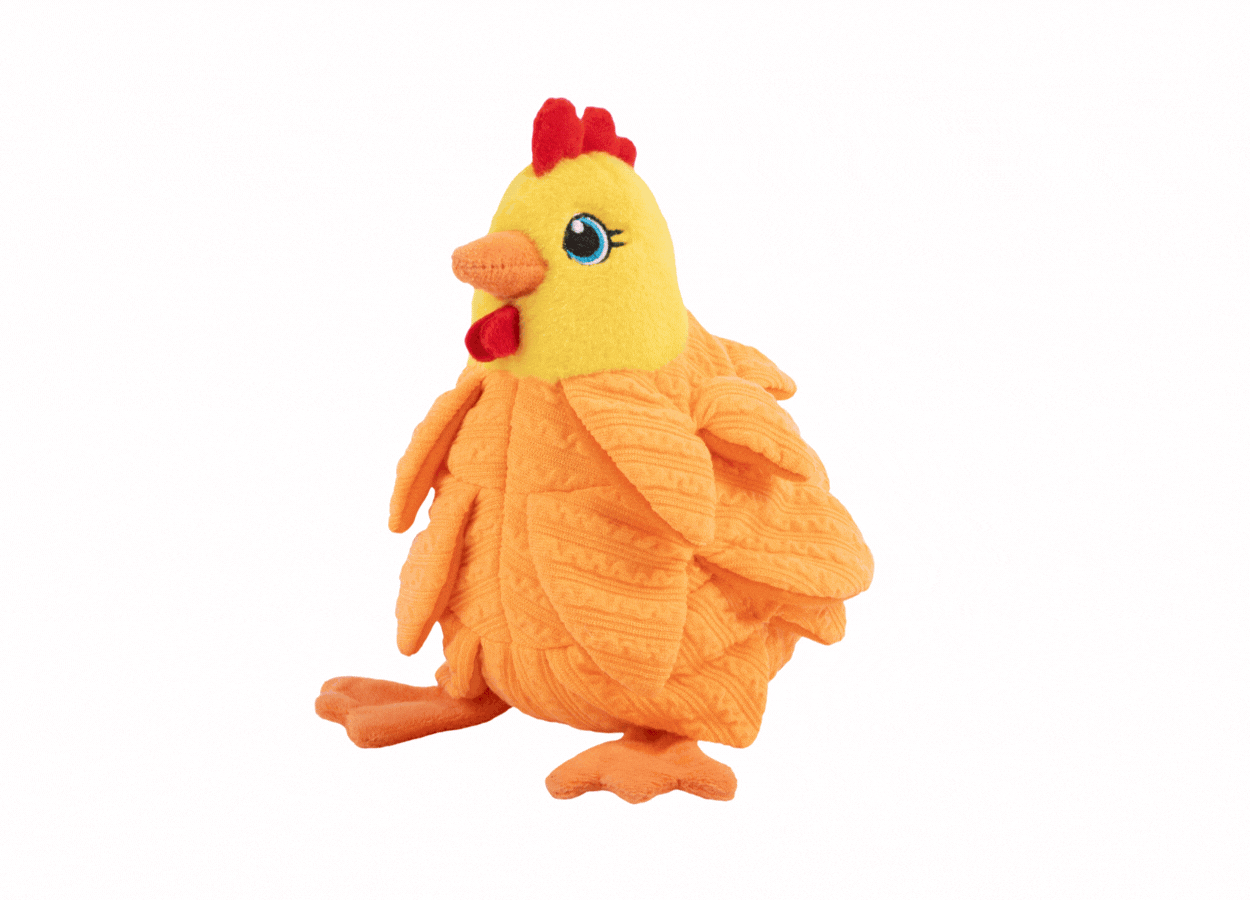Gif of Layerz Forage Hen with arrows pointing to it that say "hide treats between layers, crinkles + squeaks, fun to shake and thrash"