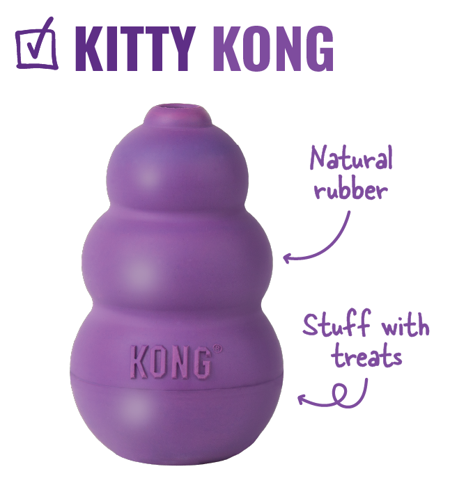 Image of Kitty KONG with arrows pointing to it that say "natural rubber, stuff with treats"